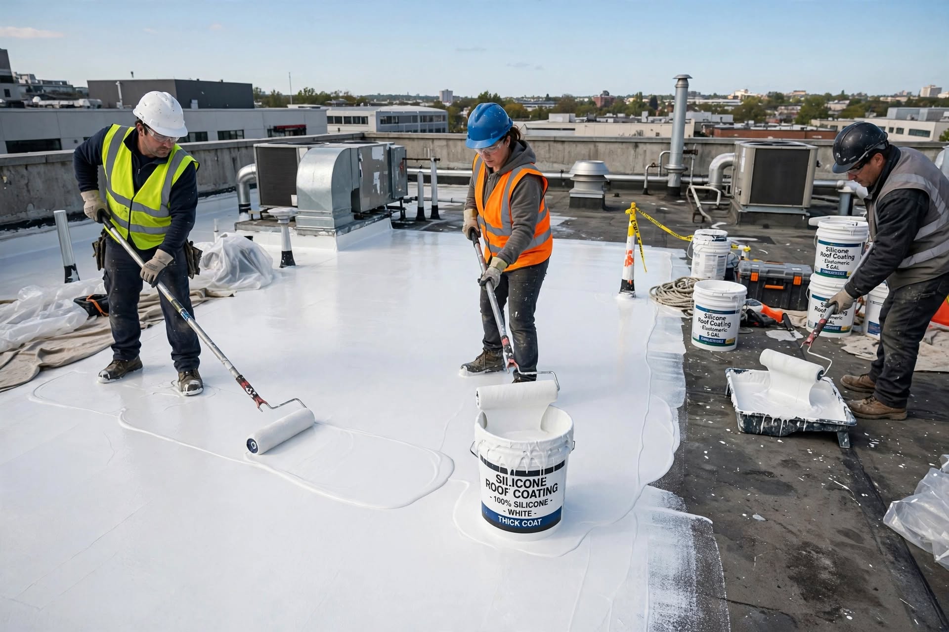 Finished bright white reflective silicone roof coating