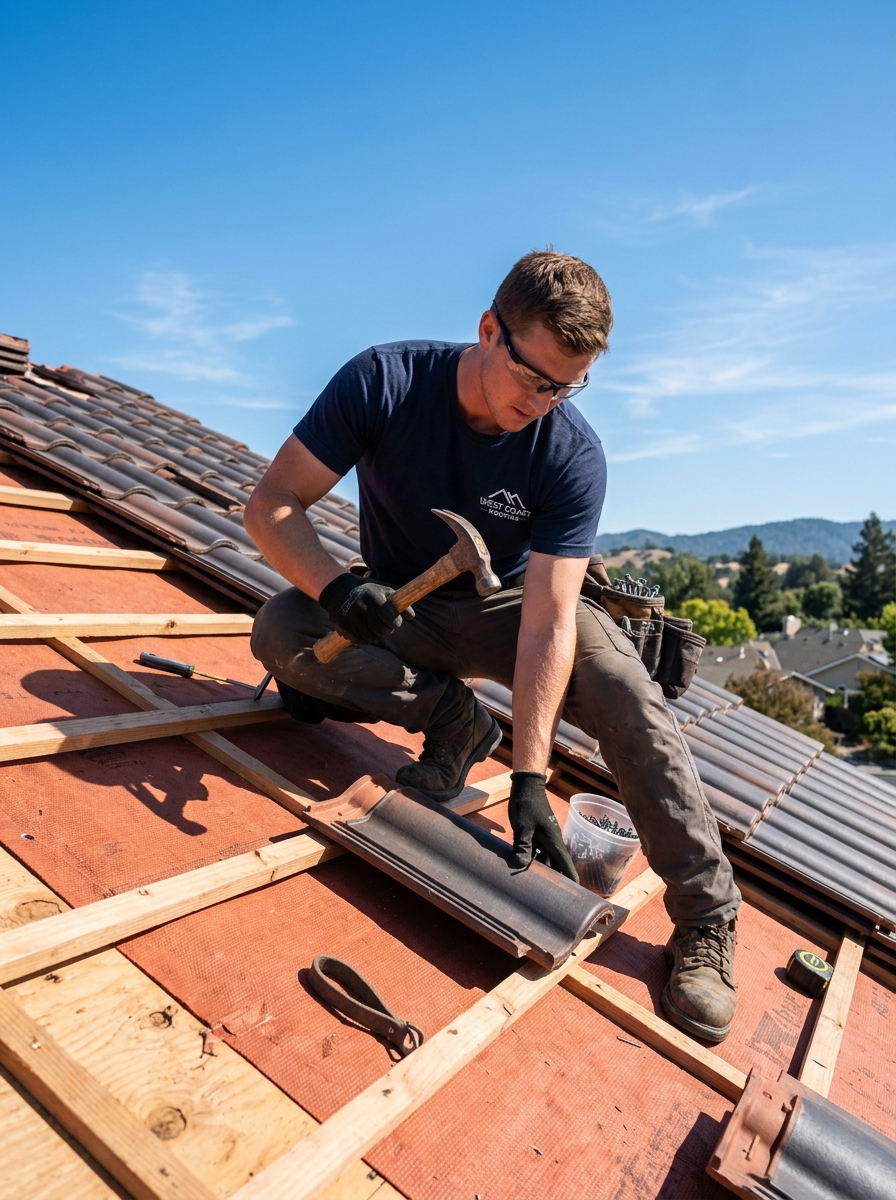 Emergency roofer installing heavy duty blue tarp on storm damaged roof in Miami