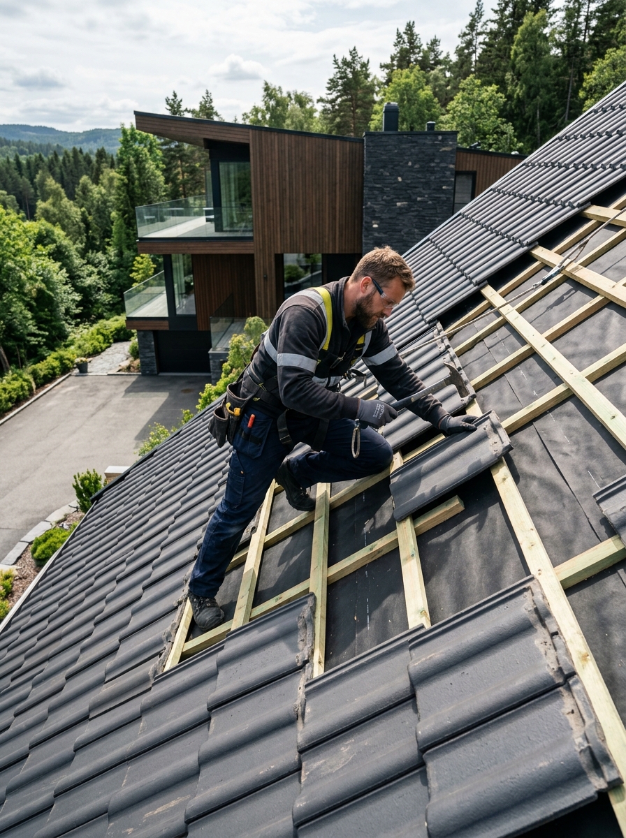 Contractor inspecting clay tile roof installation
