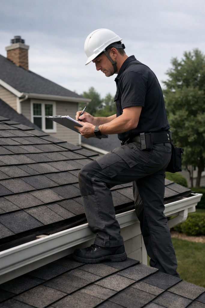 Roof inspector taking notes on a house roof