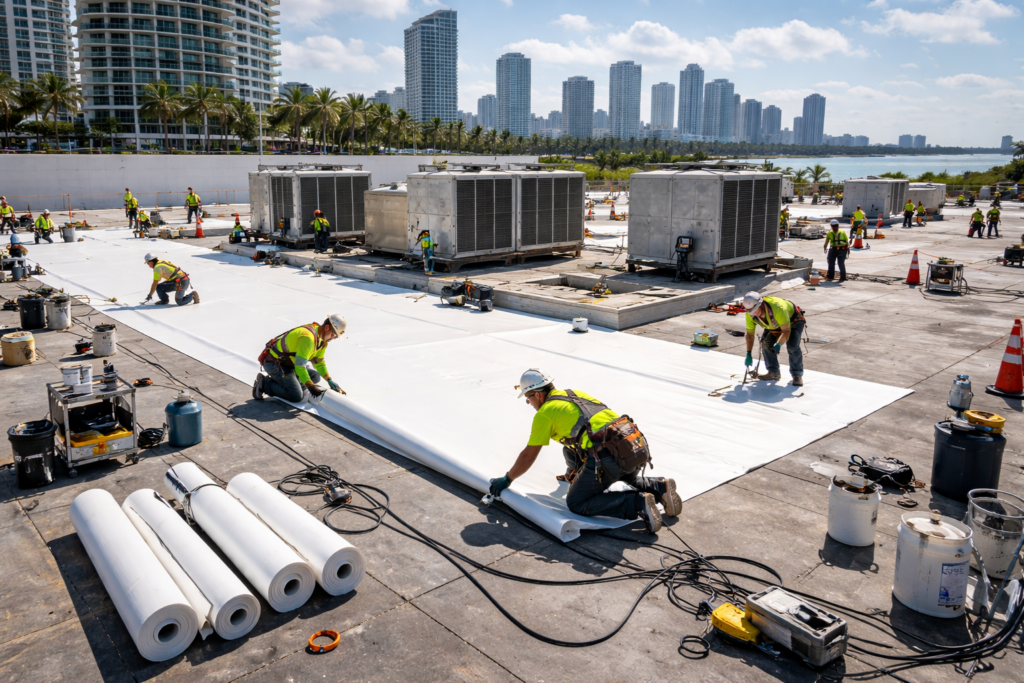 Construction workers installing a white roofing membrane on a commercial building rooftop, with air conditioning units in the background and a skyline view of high-rise buildings. The scene captures multiple workers collaborating on the project under a clear blue sky.