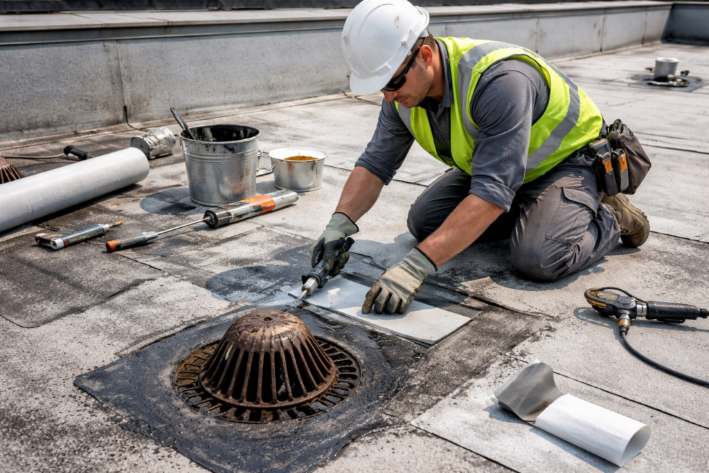 Roofing worker sealing a roof drain with a heat gun and patch material
