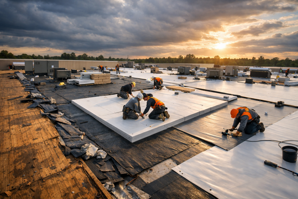 Roofers installing insulation panels on a flat commercial roof at sunset