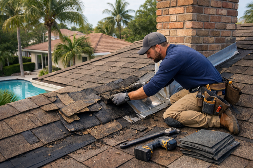 Roofing worker replacing damaged shingles around a chimney