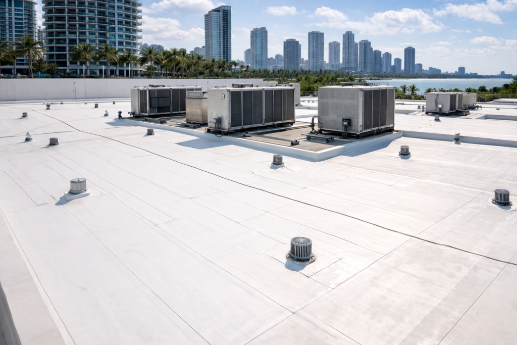 Rooftop view featuring HVAC units on a commercial building, with city skyline and palm trees in the background under a clear blue sky.