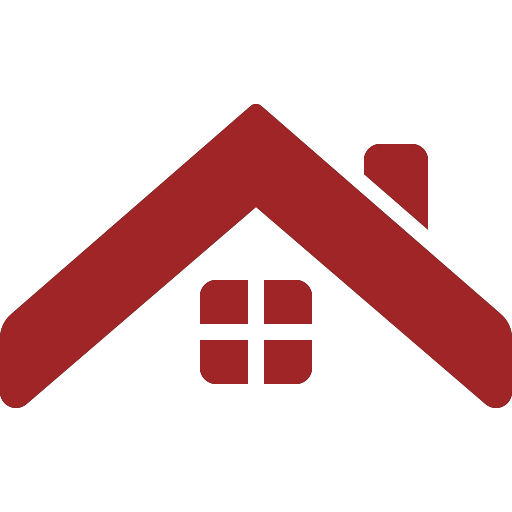Red house icon featuring a sloped roof and a square window, representing home, shelter, or real estate concepts.