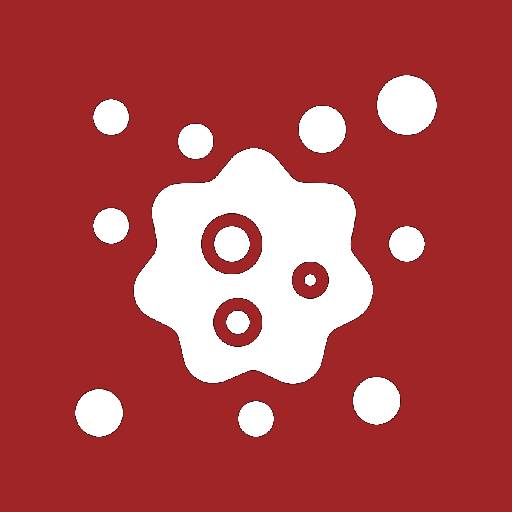 White abstract representation of a virus or bacteria on a red background, featuring circular shapes of varying sizes to symbolize microorganisms.
