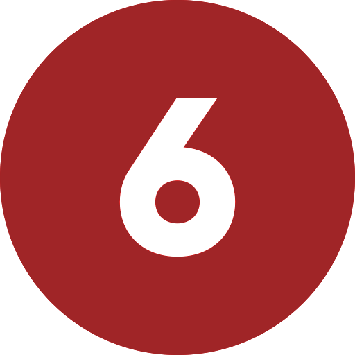 Red circle with the number six in white, representing a numerical value or ranking. Ideal for use in educational or informational content.