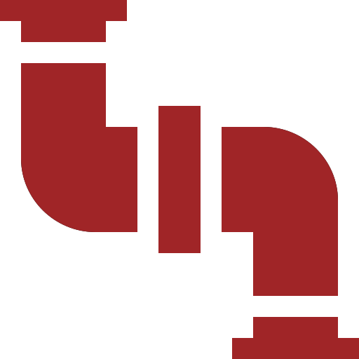 Red plumbing pipe fitting illustration featuring a 90-degree elbow joint, commonly used in construction and plumbing systems for directing water flow.