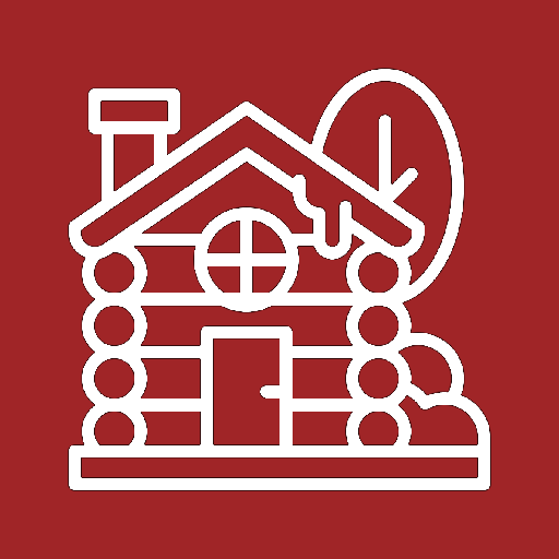 Illustration of a cozy log cabin surrounded by trees and rocks, featuring a chimney and a circular window, set against a red background.