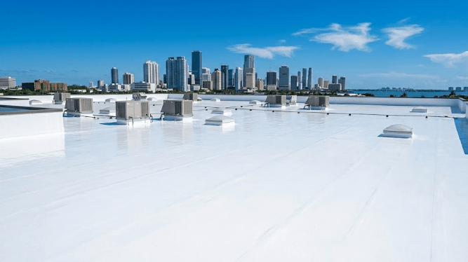 finished bright white reflective silicone roof coating