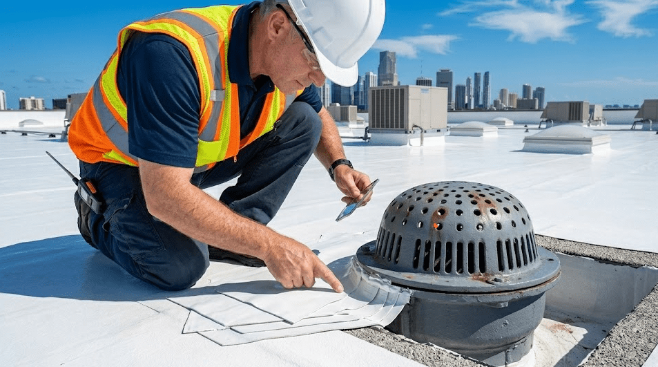 inspector examining the flashing and roof