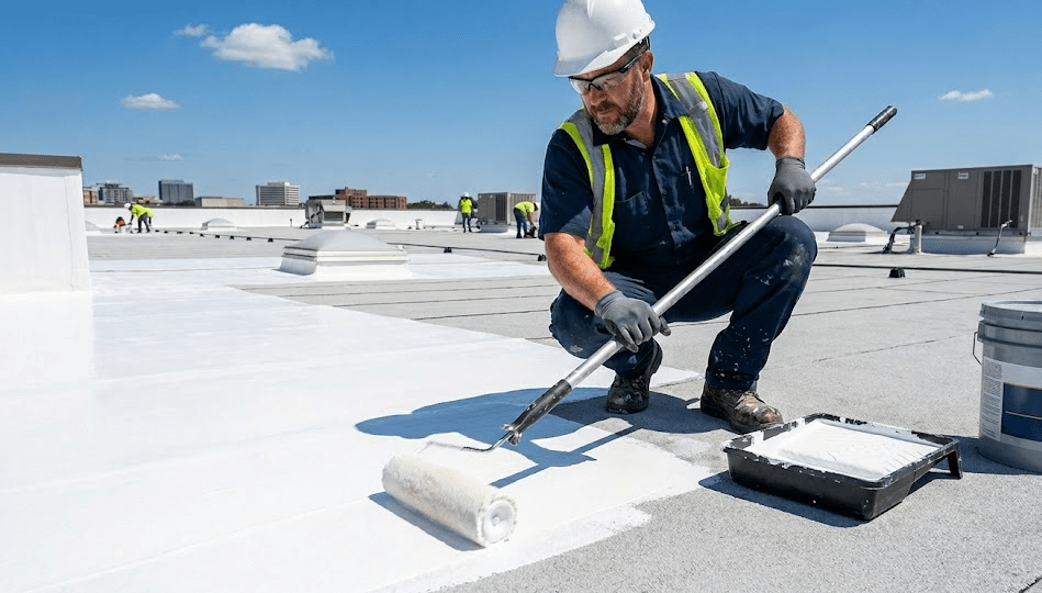 roofing contractor applying a bright white liquid silicone