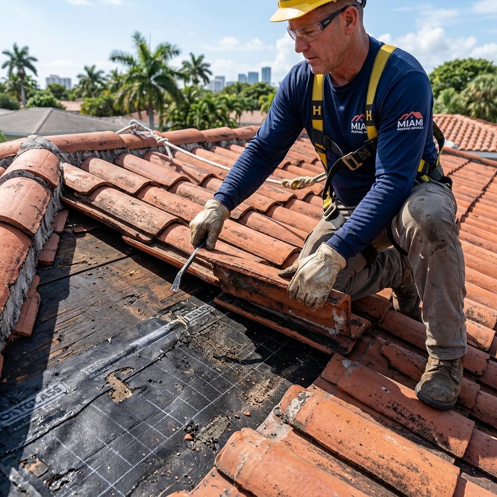 Roofing worker repairing damaged clay tile roof